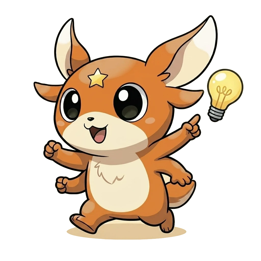 Poppet pointing at a glowing lightbulb